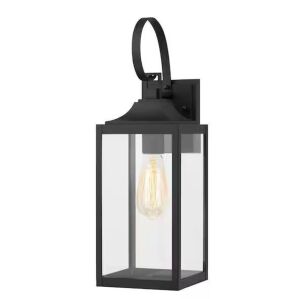 Home Decorators Collection Havenridge 19 in. 1-Light Matte Black Hardwired Outdoor Wall Light Lantern Sconce with Clear Glass