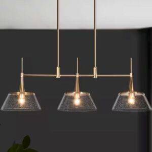 LNC 34.5 in. Large Brass Modern Island Linear Chandelier 3-Light Kitchen Pendant Billiard Lighting with Seedy Glass Shades