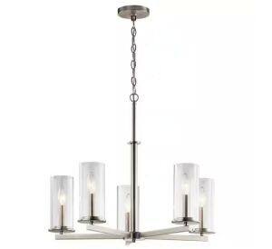 KICHLER Crosby 26.25 in. 5-Light Brushed Nickel Contemporary Candlestick Cylinder Chandelier for Dining Room