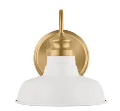 Hampton Bay Elmcroft 7.63 in. 1-Light Brushed Gold Farmhouse Wall Sconce with Designer White Metal Shade