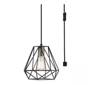 Hampton Bay Brielle 60-Watt 1-Light Matte Black Shaded Pendant Light with Cage Shade