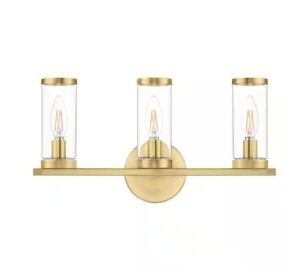 Hampton Bay Loveland 16.625 in. 3-Light Brass Bathroom Vanity Light Fixture with Clear Glass Shades