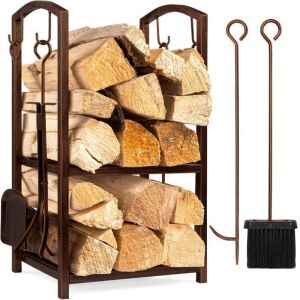 5-Piece Firewood Log Rack Holder Tools Set w/ Hook, Broom, Shovel, Tongs 