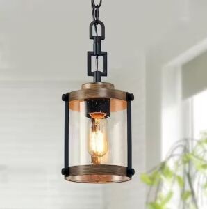 LNC Modern Farmhouse Brown Chandelier 1-Light 6 in. Black Drum Mini Island Pendant Light with Seeded Glass Shade