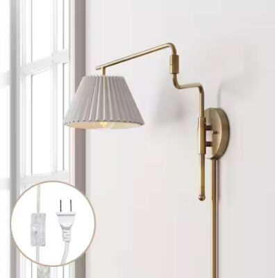 Nathan James Kai 30 in. W 1-Light Vintaged Brass Modern Wall Mounted Plugin Bedside Reading Lamp Wall Sconce with Pleated Shade