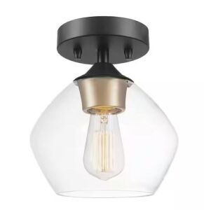 Globe Electric Harrow 1-Light Matte Black Semi-Flush Mount Ceiling Light with Gold Accent Socket and Clear Glass Shade