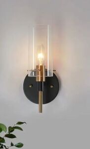 Lot of (3) Modern 1-Light Brass Gold Wall Sconce, Black Vanity Light with Open Cylinder Clear Glass Shade