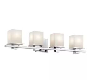 KICHLER Tully 32 in. 4-Light Chrome Contemporary Bathroom Vanity Light with Etched Glass Shade