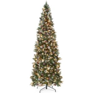 6' Pre-Lit Partially Flocked Pencil Christmas Tree w/ Pine Cones, Metal Stand