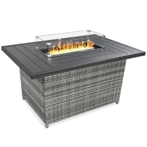 52" Wicker Propane Fire Pit Table, 50,000 BTU w/ Glass Wind Guard, Cover 