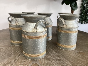 Lot of 6 decorative metal milk cans