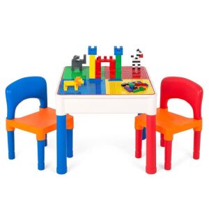  3-in-1 Kids Activity Table Set w/ Building Block Table, Craft Table, Water Table, Storage, 2 Chairs