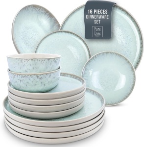 16 Piece Dinnerware Sets for 4 - Modern Style Stoneware Dinnerware Set - Scratch Resistant,Dishwasher,Microwave Safe Plates and Bowls Sets Ceramic,Dish Set, Bowl and Plate Set - Beige and Light Blue