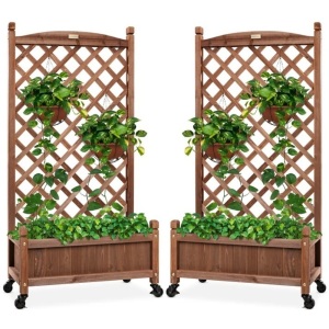 Set of 2 Wood Planter Box & Lattice Trellis w/ Optional Wheels - 48in