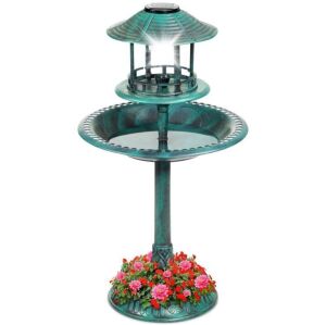 Solar Lighted Outdoor Pedestal Bird Bath w/ Planter, Decorative Bird Cage