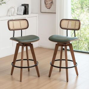 Faux Leather Counter Height Swivel Barstools with Rattan Backrest, Set of 2 