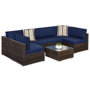 7-Piece Modular Wicker Sectional Conversation Set w/ 2 Pillows, Cover