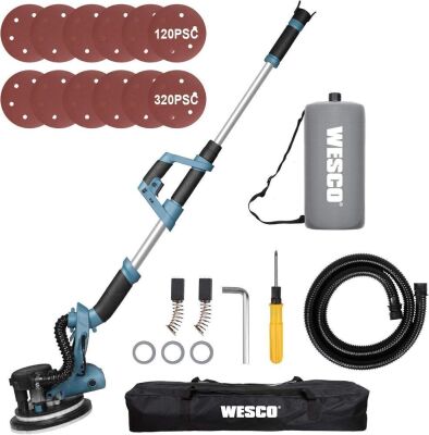 WESCO 6.5-Amp Electric Drywall Sander with Automatic Vacuum System, 6 Variable Speed, Extendable Aluminum Handle, LED Light, Dust Hose