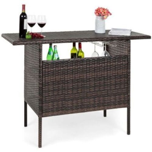 Outdoor Wicker Bar Counter Table w/ 2 Steel Shelves, 2 Rails&nbsp;&nbsp;