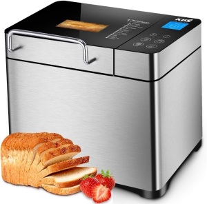 KBS Pro Stainless Steel Bread Machine, 2LB 17-in-1 Programmable XL Bread Maker with Fruit Nut Dispenser, Nonstick Ceramic Pan& Digital Touch Panel, 3 Loaf Sizes 3 Crust Colors, Reserve& Keep Warm Set