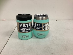 Lot of (2) Yetis, Can Holder and Wine Tumbler (dented), E-Commerce Return, Sold as is