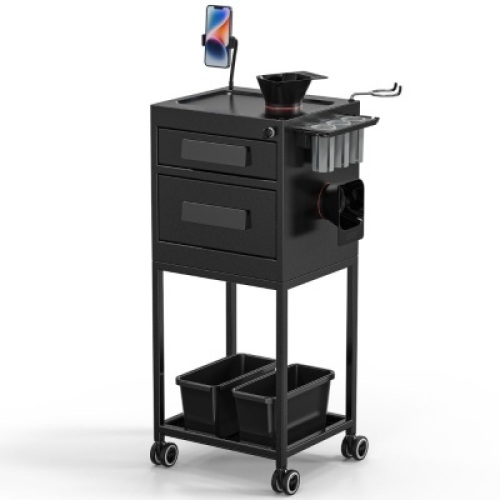 OmySalon Metal Rolling Salon Trolley Cart w/2 Lockable Drawers 2 Magnetic Bowls 2 Storage Baskets&nbsp;