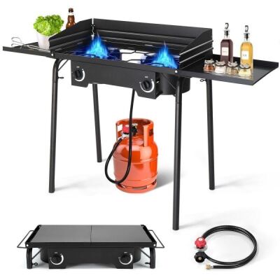  2-Burner Outdoor Propane Stove with Wind Panel and Workstation 