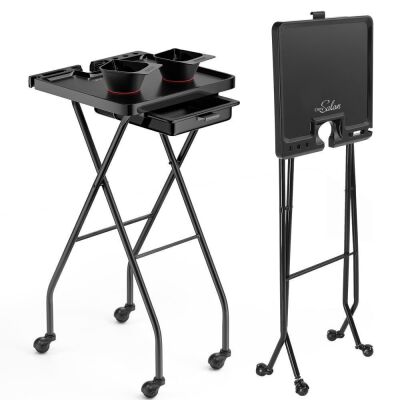 OmySalon Foldable Salon Tray Trolley Cart w/Wheels & 2 Color Bowls 1 Drawer