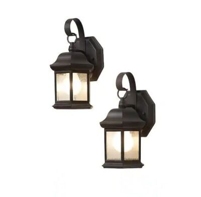 Hampton Bay 10.5 in. 1-Light Bronze Outdoor Wall Light Fixture Sconce with Seeded Glass, 2 Pack 