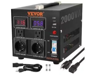 VEVOR Voltage Converter Transformer 2000 Watt Step Up/Down Transformer 110/220-Volt with US, EU Outlet USB Port LED display