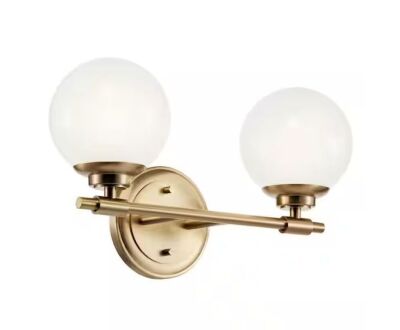 KICHLER Benno 14.75 in. 2-Light Champagne Bronze Industrial Bathroom Vanity Light with Opal Glass