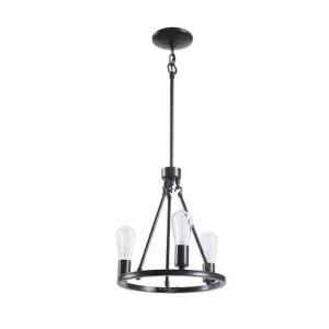 Hampton Bay Stratton 3-Light 12.75 in. Small Industrial Black Wagon Wheel Hanging Chandelier Pendant Light