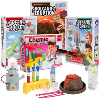 4-in-1 Science Project Kit, Chemie Starter Set, Green Rocket, Dynamo Torch, Volcano Eruption