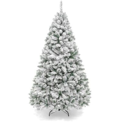 7.5' Snow Flocked Artificial Pine Christmas Tree w/ Foldable Metal Base