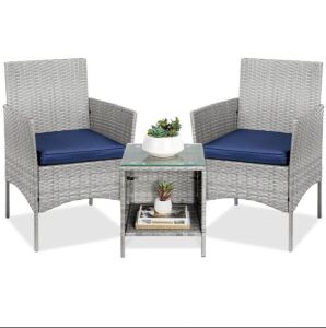 3-Piece Outdoor Patio Wicker Bistro Set w/ Side Storage Table