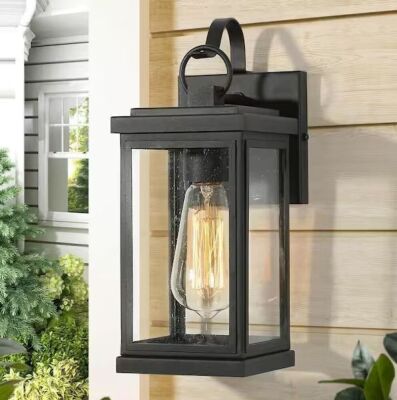 LNC Modern Matte Black 1-Light Outdoor Wall Light Sconce with Seeded Glass Shade, 2 Pack