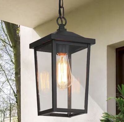 LNC Matte Black Modern 1-Light Outdoor Geometric Hanging Pendant Light with Clear Glass Shade