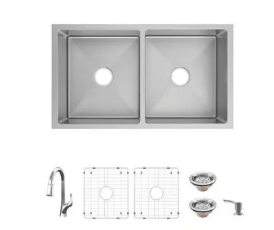 31 in. Undermount 50/50 Double Bowl 18 Gauge Stainless Steel Kitchen Sink with Pull-Down Faucet