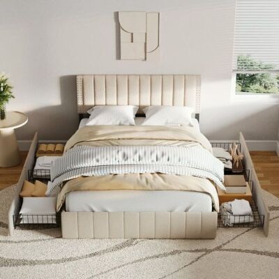 Full Upholstered Bed Frame with 4 Storage Drawers 