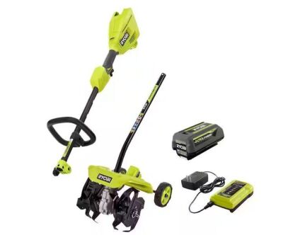 RYOBI 40V Expand-It Cordless Battery Attachment Capable Powerhead Kit & Tiller with 4.0 Ah Battery and Charger