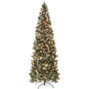 4.5' Pre-Lit Partially Flocked Pencil Christmas Tree w/ Pine Cones, Metal Stand