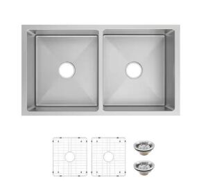 Glacier Bay Tight Radius 36 in. Undermount 50/50 Double Bowl 18 Gauge Stainless Steel Kitchen Sink with Accessories