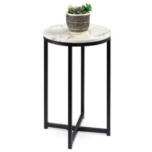 Round Coffee Side Table w/ Faux Marble Top, Metal Frame - 16in