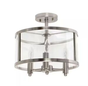 Elegant Designs 13 in. 3-Light Brushed Nickel Iron and Glass Shade Industrial Ceiling Mounted Round Semi-Flush Mount