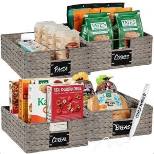 Set of 4 Water Hyacinth Pantry Baskets w/ Chalkboard, Chalk Marker