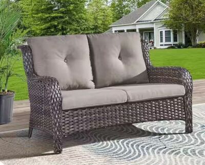 Gymojoy Carolina Brown Wicker Outdoor Loveseat with CushionGuard Gray Cushions