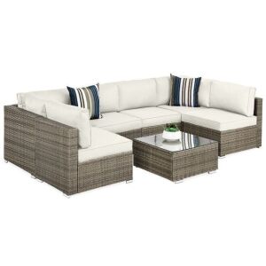 7-Piece Modular Wicker Sectional Conversation Set w/ 2 Pillows, Cover