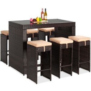 7-Piece Wicker Bar Patio Dining Set w/ Glass Table Top, 6 Stools - Damage to Wicker