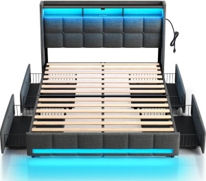 Rolanstar Full Size Bed Frame with LED Lights and Charging Station, Upholstered Bed Storage Headboard & Drawers