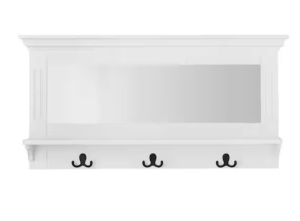 StyleWell 18 in. H x 36 in. W x 6.1 in. D White Wood Floating Decorative Wall Shelf with Mirror and Hooks